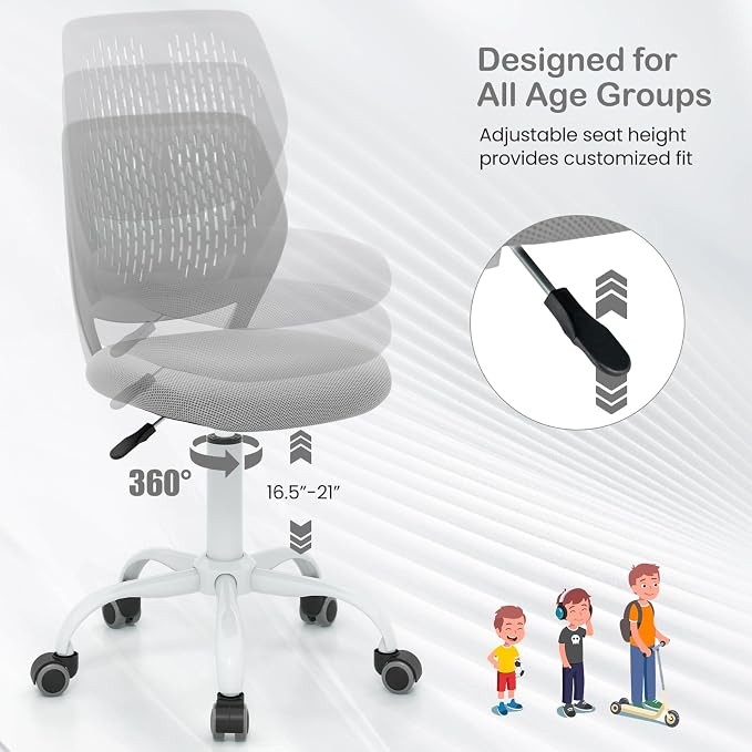 Giantex Kids Desk Chair, Adjustable Children Study Chair, Swivel Armless Mesh Task Office Chair, Computer Desk Chair with Adjustable Height & Lumbar Support (Grey)