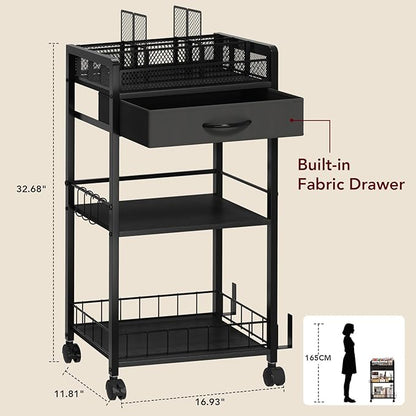 Homsorout 3 Tier Rolling Cart - Metal Utility Cart with Storage Drawer and Wheels, Versatile Art & Craft Organizer for Home, Office, or Studio Ideal for Storing Brushes, Paints, and Supplies Black