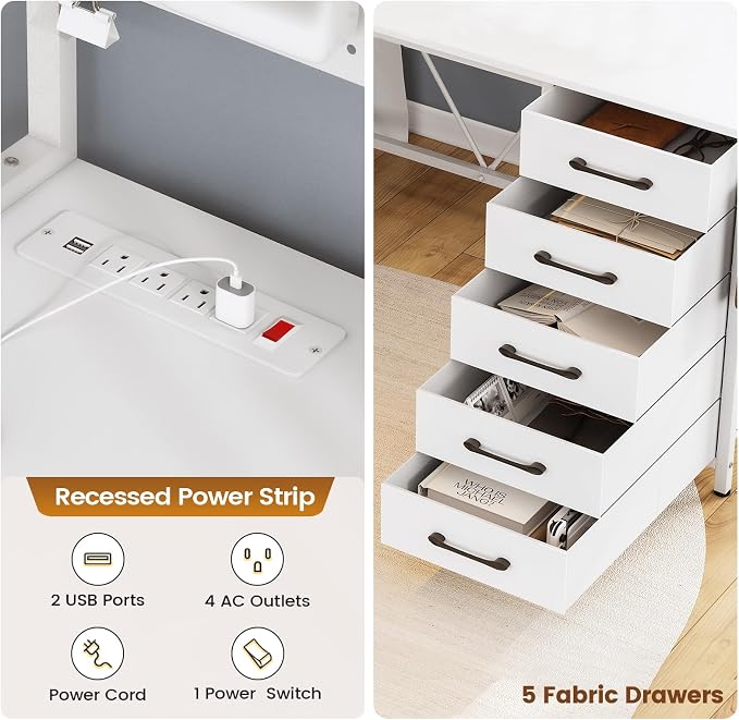SEDETA L Shaped Gaming Desk with Drawers, L Shaped Computer Desk with Hutch and Storage Shelves, Gaming Desk with Pegboard, Led Lights, and Power Outlet, Home Office Desk, Corner Desk, White
