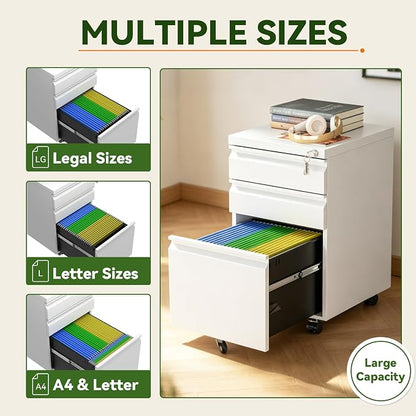 SAWJEC 3 Drawer File Cabinet with Lock, White Metal Filing Cabinet for Home Office, Fully Assembled, Vertical Locking File Cabinet with Letter Legal A4 Size Hanging Files, 15" W x 17" D x 24" H