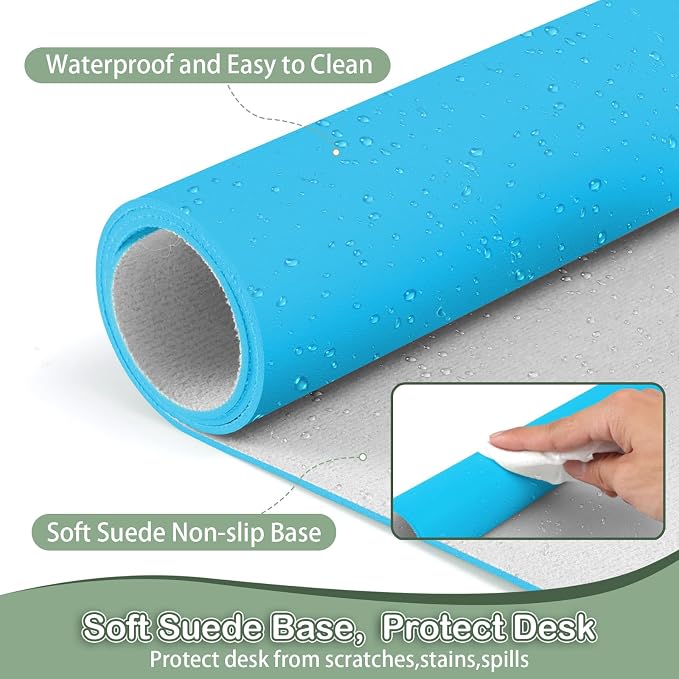 Boutilon Leather Desk Pad Protector,Non-Slip Mouse Pad,Laptop Desk Pad,Office Mouse Mat,Waterproof Leather Desk Blotter,Desk Writing Pad for Office and Home (XXXL-Blue,47"x 24")