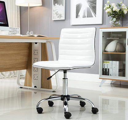 BTEXPERT Set of 2,Swivel Leather Soft Upholstery Office Mid Back Armless Ribbed Designer Task Chair, White (5029W-2)