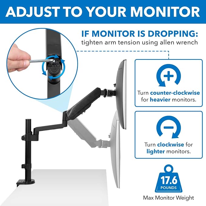 Mount-It! Single Monitor Arm Desk Mount with Gas Spring, Height Adjustable Monitor Stand for 13–32 Inch Screens up to 17.6 lbs, VESA 75x75 & 100x100, Clamp & Grommet