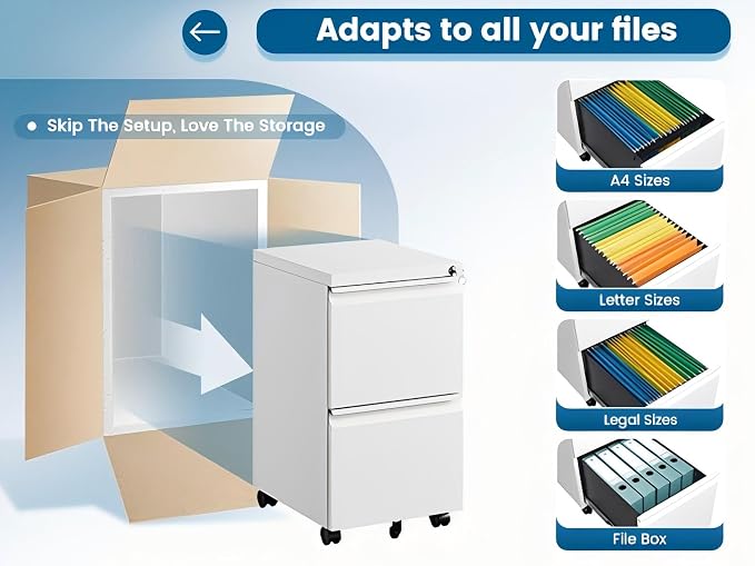 PEUKC 2 Drawers Mobile File Cabinet with Lock, Under Desk Rolling File Cabinet for Home Office, Organizes Letter Legal A4 Files, White(Pre-Assembled)