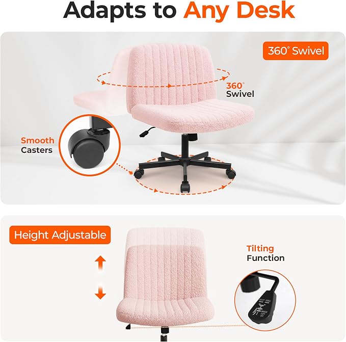 Orange Factory Criss Cross Chair Wheels Vanity Chair Office Desk Comfy Wide Cross Legged Armless Teddy Fabric Adjustable Swivel for Home Computer Task (Pink, Teddy Fleece)