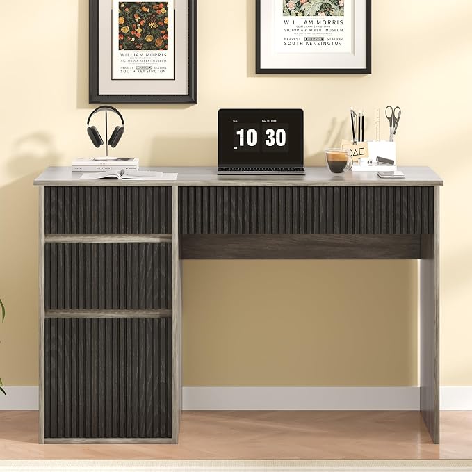 4 EVER WINNER Computer Desk with Drawers, 48 Inch Fluted Small Desk with Storage, Wood Home Office Desk for Study, Living Room, Bedroom, Grey