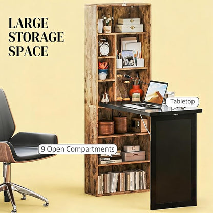 Foldable Wall Mounted Desk with Storage Shelves & Blackboard, Fold-Out Convertible Writing Table for Small Spaces | Space-Saving Floating Computer Desk for Home Office (Brown)