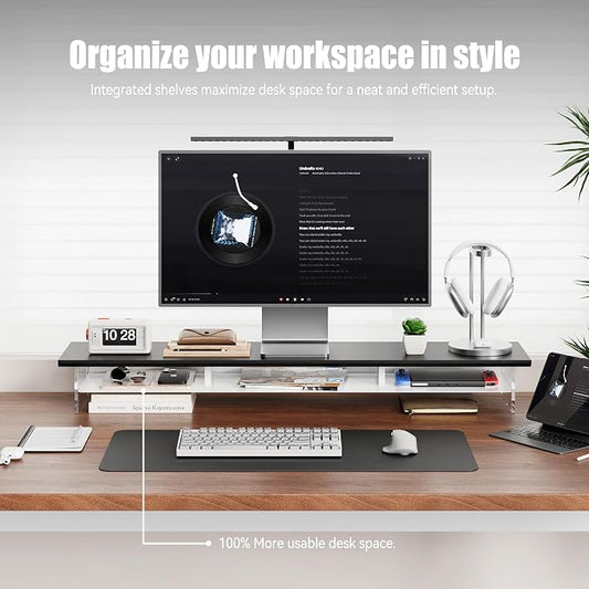 FENSULN Dual‑Tier Monitor Stand for Modern Desk Setup – Minimalist Wooden and Metal Riser Shelf with Transparent Acrylic Feet for Dual Monitors, Laptops, Home Office Aesthetic，Black and White