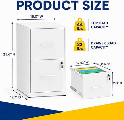 SAWJEC 2 Drawer File Cabinet with Lock, Small Metal Filing Cabinet for Home Office, Vertical Locking File Cabinet with Letter Size Hanging Files, White, 25.6" H x 15.0" W x 17.7" D