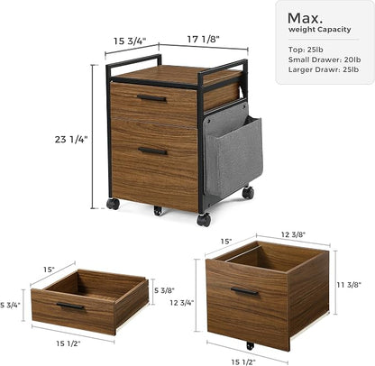 EUREKA ERGONOMIC 2 Drawer Mobile File Cabinet with Wheels, Solid Wood Rolling Storage Cabinet for Home Office, Space-Saving Under Desk Organization with Printer Stand, Walnut