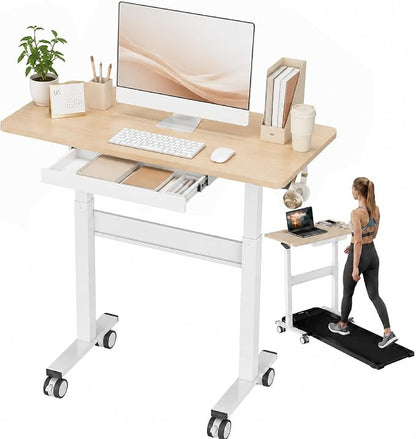 Standing Desk for Walking Pad with Wheels, Pneumatic Cordless Height Adjustable Rolling Desk, Computer Workstation with Drawer Hook Locking Casters for Treadmill Home Office, Light Wood