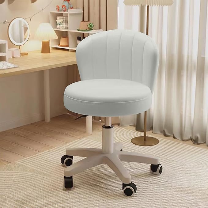 Small Desk Chair Round Rolling Chair with Back PU Leather Height Adjustable Swivel Vanity Work Computer Stool Chair for Home Office Bedroom, Set of 1