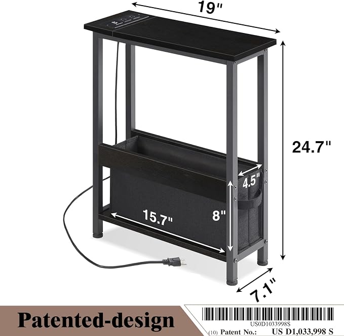 BAMGROW Slim Charging End Table with Storage - for Small Spaces and Bedroom (Black)