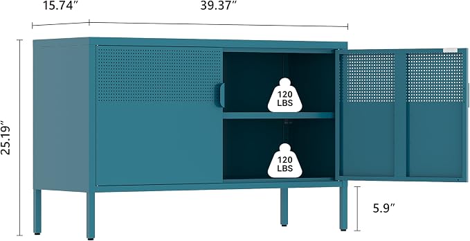 Metal Storage Cabinet,2 Door TV Stand, Metal Mesh Accent Cabinet,Magnetic Door Closure,Low Storage Cabinets with Doors and Shelves