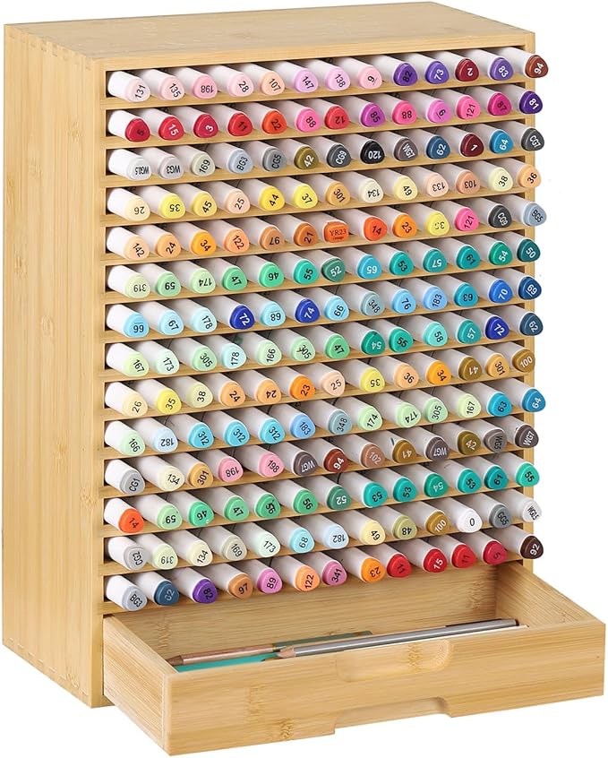 AUTOARK Natural Bamboo Marker Organizer with Drawer, AHK-065 | 182 Slots