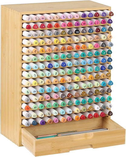 AUTOARK Natural Bamboo Marker Organizer with Drawer, AHK-065 | 182 Slots