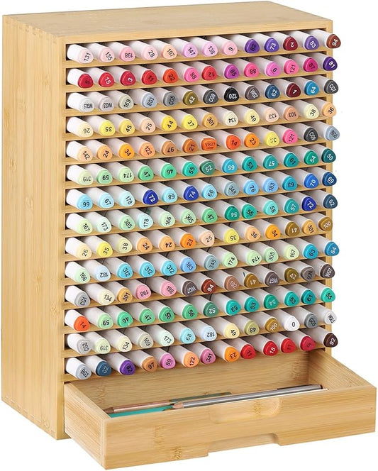 AUTOARK Natural Bamboo Marker Organizer with Drawer, AHK-065 | 182 Slots