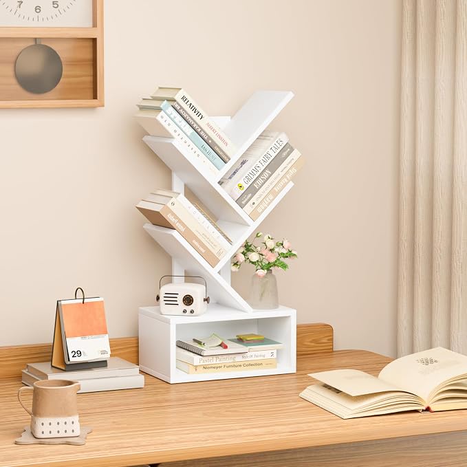 SHEEPAM Small Tree Book Shelf,5 Tier Black Tree Bookshelf,White Desktop Bookcase,Modern Desk Display Storage Bookshelves,Floor Standing Organizer Bookcases for Living Room,Bedroom,Office