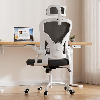 Farini Ergonomic Office Chair, Home Office Desk Chair with Headrest, High Back Swivel Computer Chair with Armrests and Adjustable Lumbar Support for Home Office Study Room, White & Black