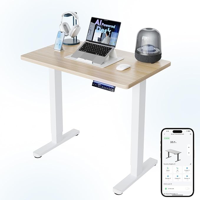 HUANUO AI-Powered Electric Standing Desk with Smart APP, Work with Alexa & Google, Adjustable Height, 6 Memory Settings, Sedentary Reminder, Ergonomic Sit-Stand Desk, 32-inch, Light Walnut