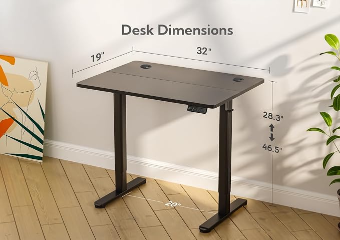 Claiks Electric Height Adjustable Stand Up Desk, 32x19 Inches Sit Stand Desk for Home Office, Nature Top/White Frame