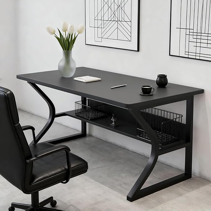 Small Computer Desk with Bookshelf, 39.4 Inch Writing Desk Black | Storage Bookshelf Design; Space Saving Desk for Small Apartment; Home Office, Bedroom & Study Use; Compact Writing Table