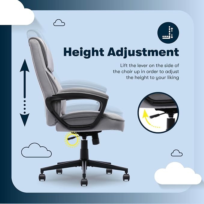Serta Comfort Classic Executive Office Chair, Ergonomic Mid-Back Computer DeskChair with Lumbar Support, Semi-Plush Cushion and Body Pillows, Padded Armrests, Swivel Base, Gray Velvet Fabric
