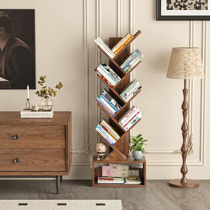SHEEPAM 9 Tier Tree Bookshelf,Christmas Green Bookcase for Narrow Space, Storage Organizer Floor Standing Bookshelves for Books, Tall Book Case for Home Office, Living Room, Bedroom