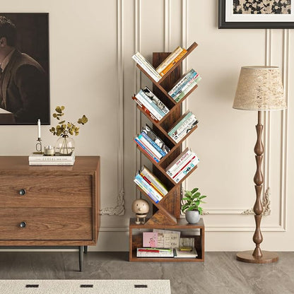 SHEEPAM 9 Tier Tree Bookshelf,Christmas Green Bookcase for Narrow Space, Storage Organizer Floor Standing Bookshelves for Books, Tall Book Case for Home Office, Living Room, Bedroom