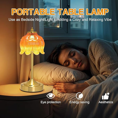 Cordless Lotus Flower Table Lamp, 5200mAh Rechargeable Battery Operated Portable Lamp, 3-Color Dimmable Touch Control Small Desk Lamp for Bedroom, Office, Kitchen, Nightstand,Room Decor (Orange-red)