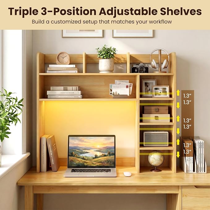 LDAILY Desktop Bookshelf with LED Lights, 35.5’’ Wooden Desk Shelf with 8 Cubes & 3 Adjustable Storage Shelves, 5-Tier Desk Hutch for Dorm College Office Computer Monitor Up to 25’’(Burlywood)