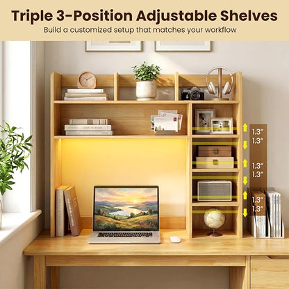 LDAILY Desktop Bookshelf with LED Lights, 35.5’’ Wooden Desk Shelf with 8 Cubes & 3 Adjustable Storage Shelves, 5-Tier Desk Hutch for Dorm College Office Computer Monitor Up to 25’’(Burlywood)