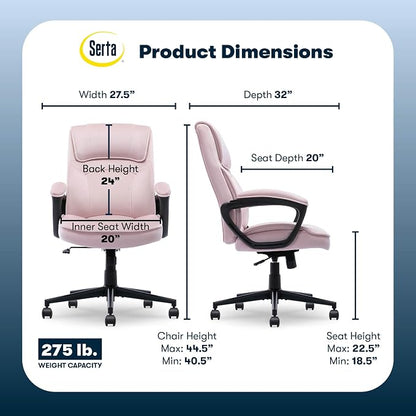 Serta Comfort Classic Executive Office Chair, Ergonomic Mid-Back Computer DeskChair with Lumbar Support, Semi-Plush Cushion and Body Pillows, Padded Armrests, Swivel Base, Pink Velvet Fabric