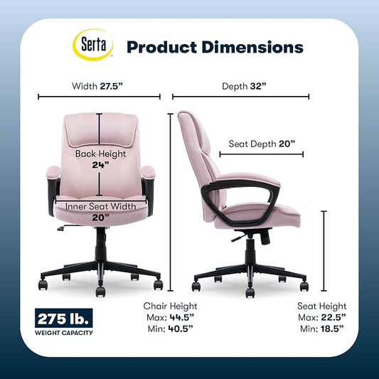 Serta Comfort Classic Executive Office Chair, Ergonomic Mid-Back Computer DeskChair with Lumbar Support, Semi-Plush Cushion and Body Pillows, Padded Armrests, Swivel Base, Pink Velvet Fabric