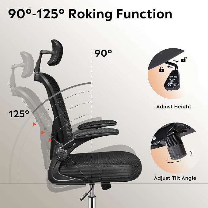 DEVAISE Office Chair High Back Mesh Ergonomic Desk Chair with Flip-up Armrests, Adjustable Headrest and Lumbar Support, Black