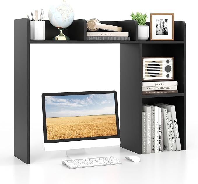 GOFLAME 5 Shelves Desktop Bookshelf, Wood Desk Hutch Dorm for Computer Desk, Countertop Display Rack, 3-Tier Desk Storage Organizer Shelf for Dormitory, Home Office, Study, Black
