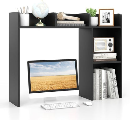 GOFLAME 5 Shelves Desktop Bookshelf, Wood Desk Hutch Dorm for Computer Desk, Countertop Display Rack, 3-Tier Desk Storage Organizer Shelf for Dormitory, Home Office, Study, Black