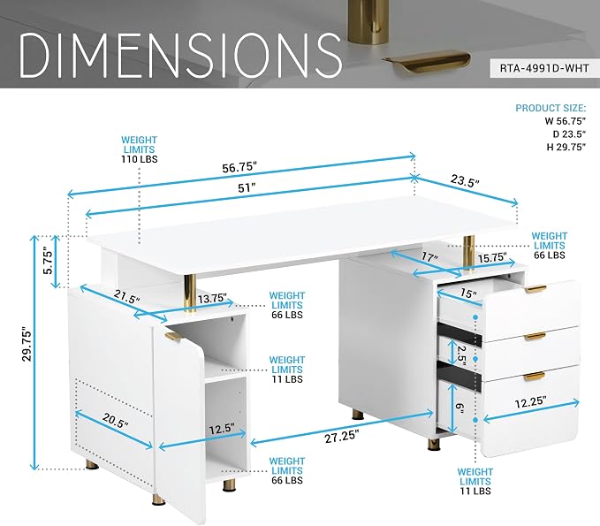 Elegant 57" W Executive Desk with 3 Drawers and Storage Cabinet, Modern Office Desk with Gold Accents, Floating Work Surface, Closed Storage with Ventilation & Adjustable Shelf (White,Gold)