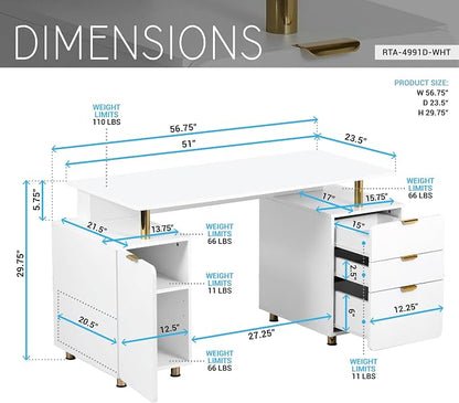 Elegant 57" W Executive Desk with 3 Drawers and Storage Cabinet, Modern Office Desk with Gold Accents, Floating Work Surface, Closed Storage with Ventilation & Adjustable Shelf (White,Gold)