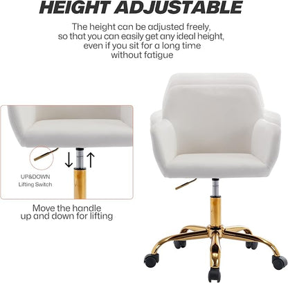 KCC Velvet Office Desk Chair, Comfy Swivel Modern Leisure Armchair with Wheels, Upholstered Comfy Velvet Fabric Makeup Chair Height Adjustable for Teens Women Girls Elegant Home Office, White