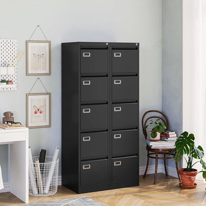 MIIIKO 5 Drawer File Cabinet, Black Vertical Filing Cabinets with Lock, Home Office File Folders Storage Cabinet for Letter Legal File Size.