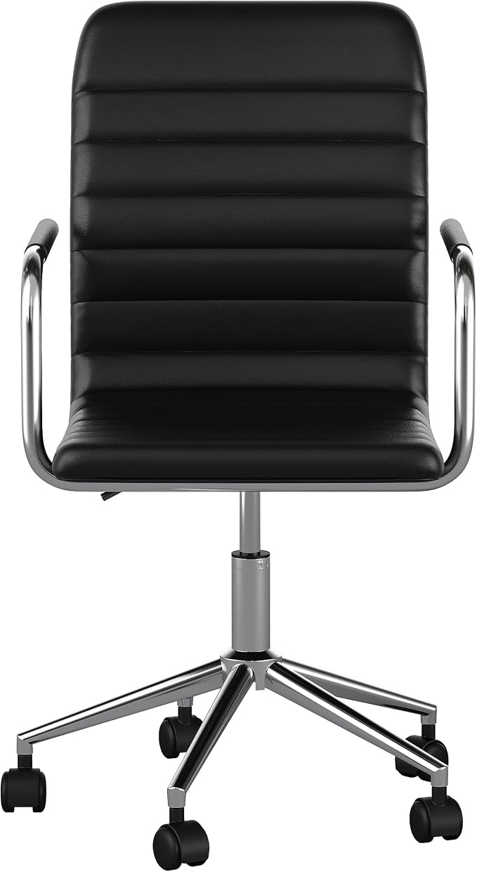 Martha Stewart Taytum Swivel Task Chair with Armrests for Home Office in Black Faux Leather with Polished Nickel Frame