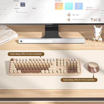 Wireless Keyboard and Mouse Set, Retro Typewriter Keyboard, 2.4GHz Full Size 104-Key Cute Keyboard with Number Pad, Colorful Keyboard with Round Keycaps for Windows PC Laptop(Coffee)