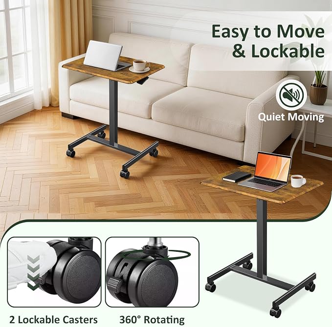 Adjustable Height Mobile Standing Desk with Lockable Casters, Rolling Sit Stand Laptop Computer Desk, Portable Compact Workstation for Home Office Dorm, Brown