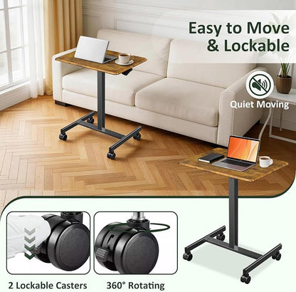 Adjustable Height Mobile Standing Desk with Lockable Casters, Rolling Sit Stand Laptop Computer Desk, Portable Compact Workstation for Home Office Dorm, Brown