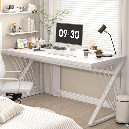 FOLUBAN Modern White Desk, Rustic Wood and Metal Computer Desk for Home Office, Simple Writing Work PC Desks for Bedroom, Industrial Study Gaming Table for Living Room, White, 53 Inch