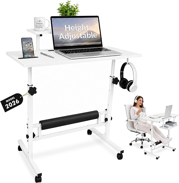 Small Rolling Desk with Wheels, Adjustable Height 27"-43.3" Portable Standing Desk, 31.5"x15.7" Tabletop, Mobile Laptop Computer Table for Home Office Workstation, White