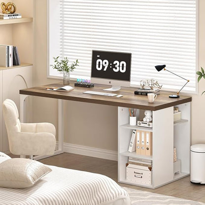 EXCEFUR Modern Computer Desk for Home Office, PC Gaming Desk with Reversible Storage Shelves, Study Writing Table Workstations for Living Room, 53 Inch, Rustic Oak and White