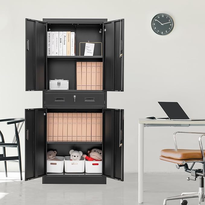 Wanfu Metal Storage Cabinet, 71" H x 28" W x 16" D Locking Storage Cabinet with Adjustable Shelves and 1 Drawer, Steel Cabinet for Office, Garage, Home, School, Utility (Black)