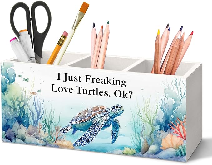 Turtle Pen Holder for Desk, Coastal Nautical Sea Animal Pencil Organizer, Turtle Gifts for Women, I Just Freaking Love Turtles Wooden Pen Holder Desk Accessories Decor for Home Office